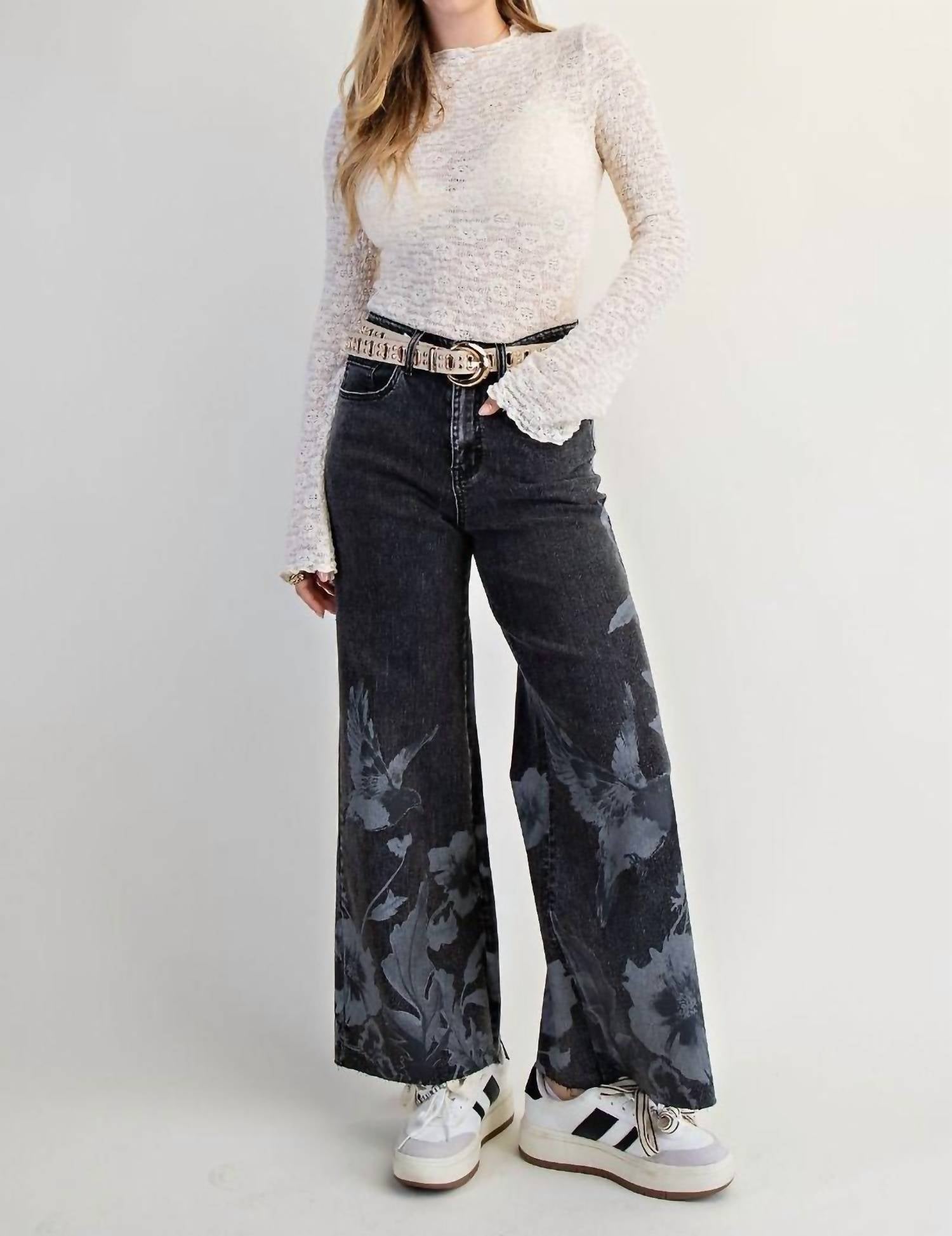 Easel Floral Bird Stretch Denim Pants in black denim wash - women's jeans