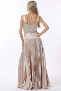 Aakaa Sleeveless Tie Front Waisted Pleat Maxi Dress in champagne - women's dress - detail view