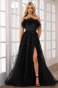 Ava Presley - Strapless Feather Beaded Slit Ball Gown