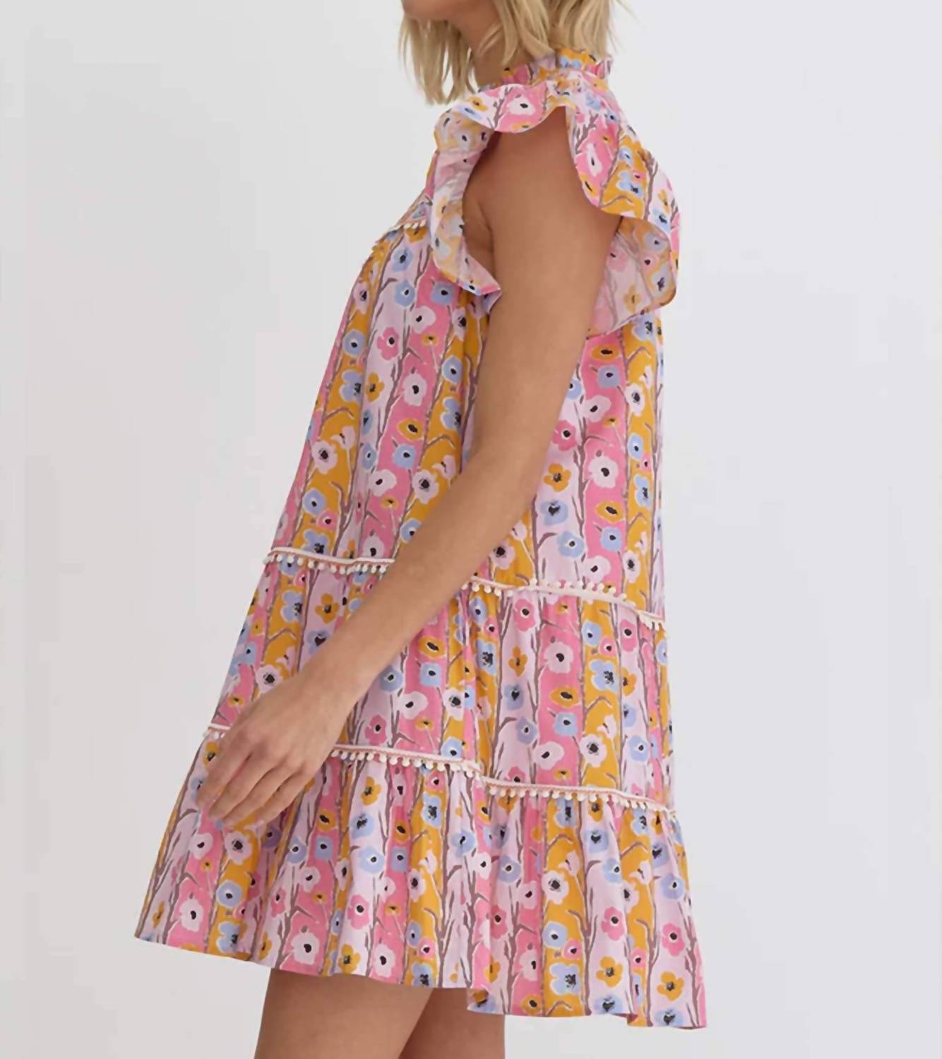 Entro - Watercolor Floral Ruffle Sleeve Mini Dress