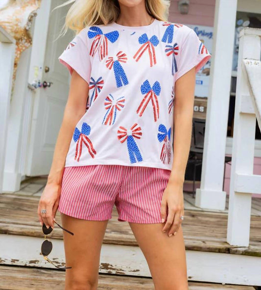 Queen Of Sparkles - RED, WHITE AND BLUE SCATTERED BOW TEE