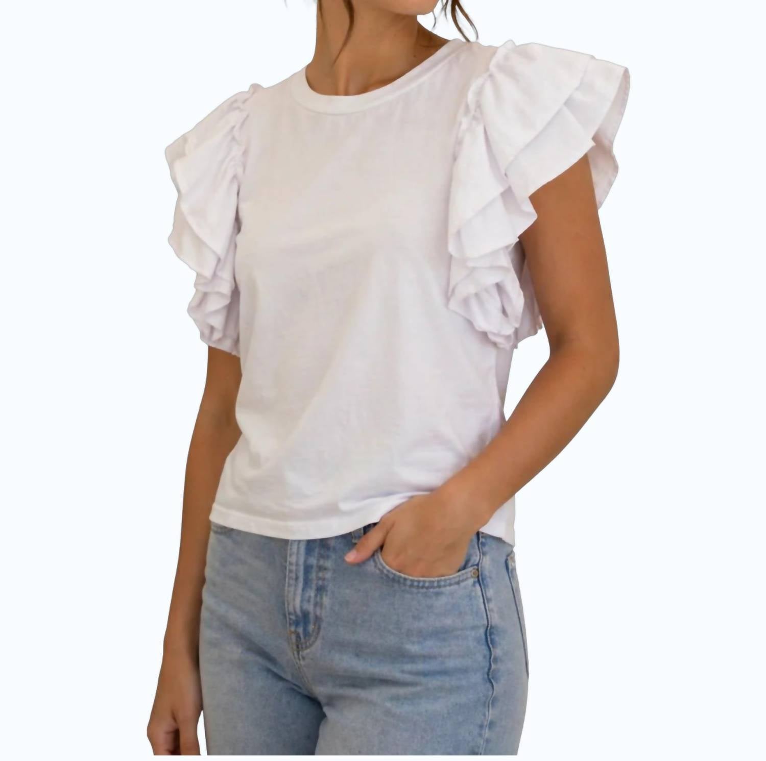 Willa Story flutter sleeve jersey top in white - women's blouse