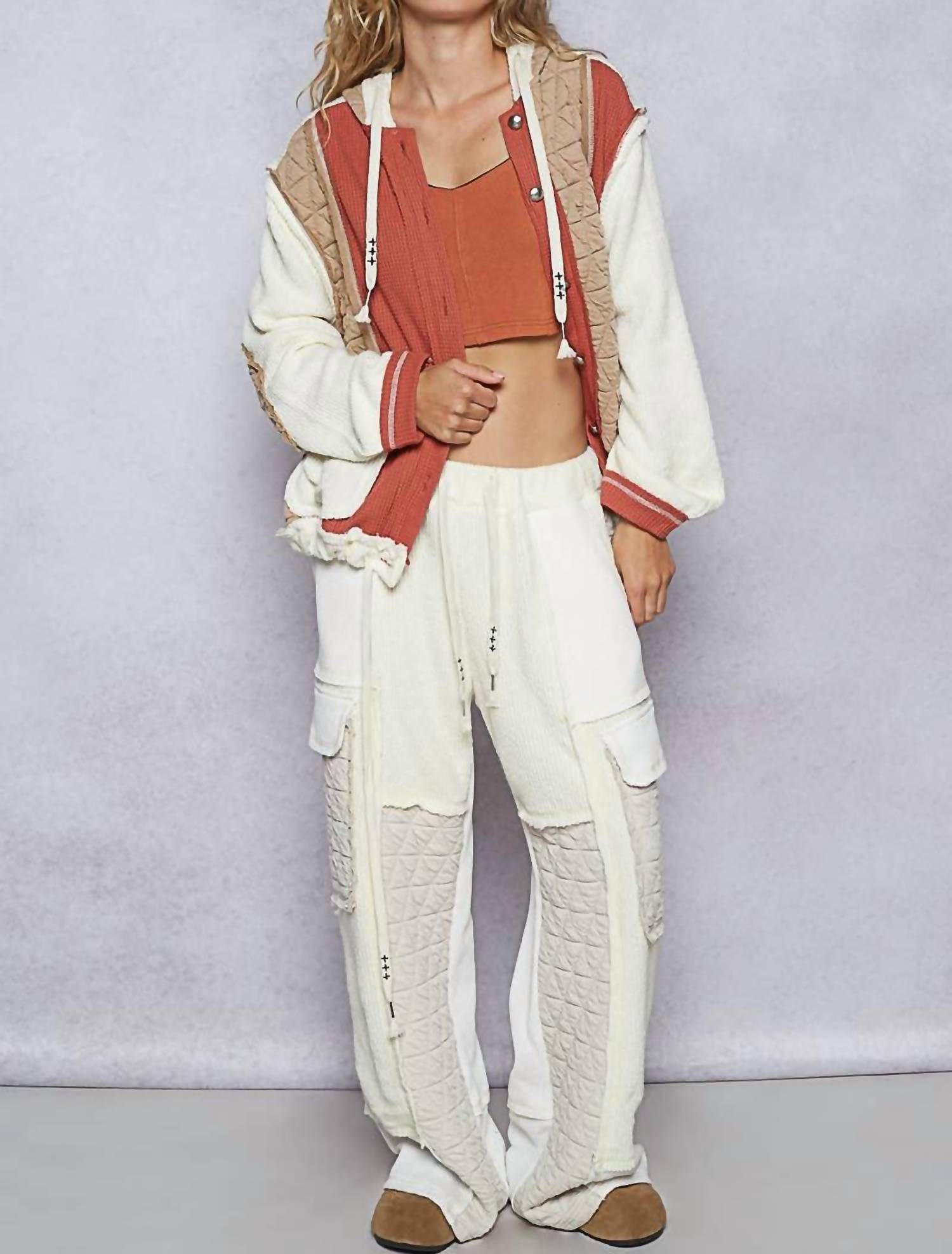 POL Hooded Button Down Combo Shacket in latte brick - women's jacket