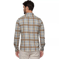 Flags & Anthem Luxton Hero Knit Flannel Shirt in brown tan blue - men's long sleeve top - detail view
