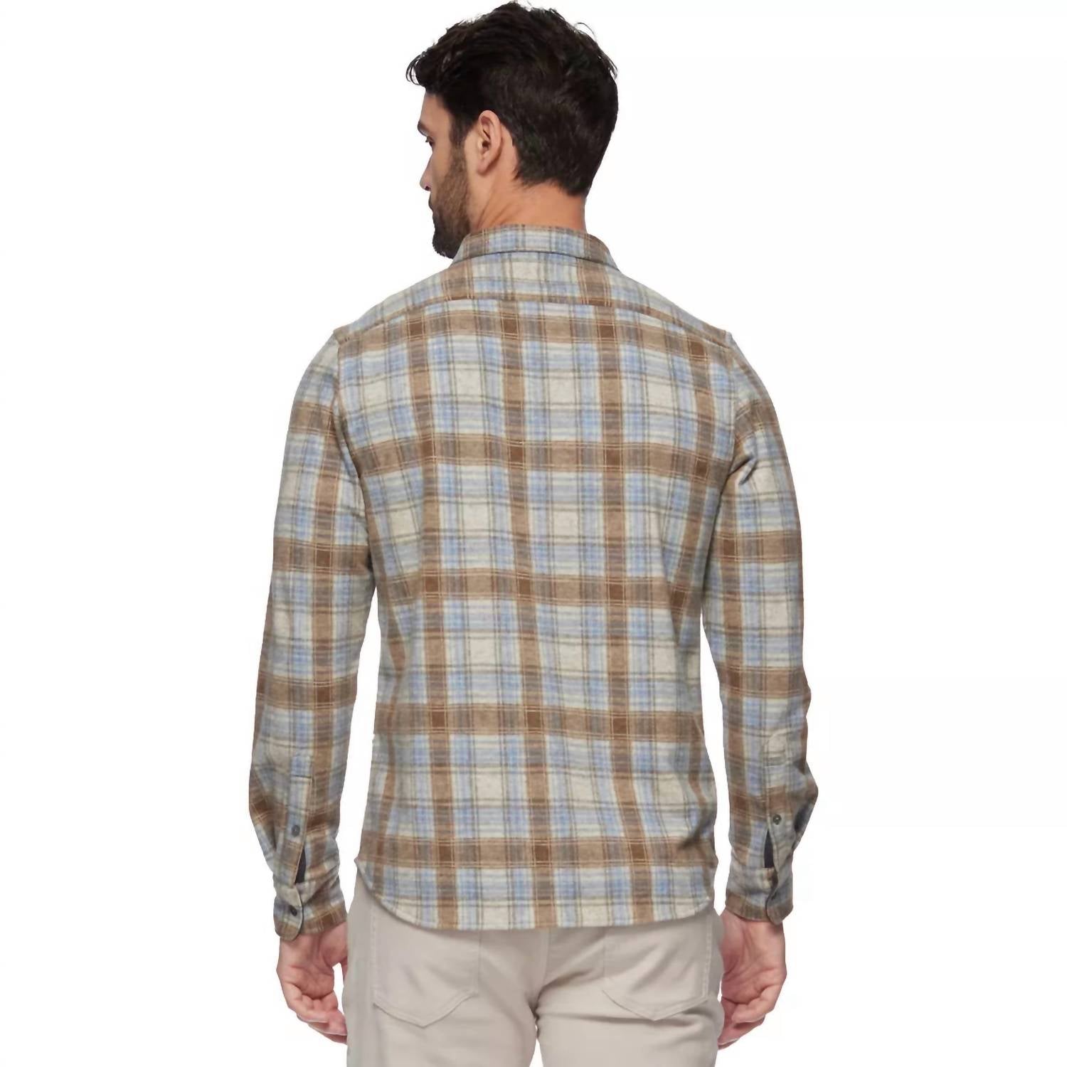 Flags & Anthem Luxton Hero Knit Flannel Shirt in brown tan blue - men's long sleeve top - detail view