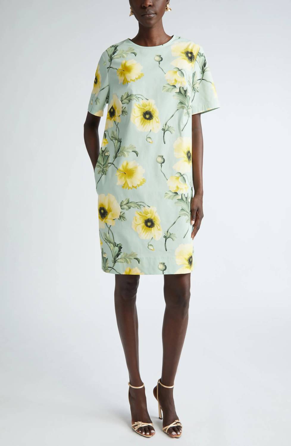 Oscar De La Renta - Short Sleeve Jewel Neck Poppies Cotton Poplin Shift Dress