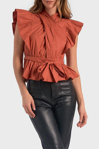 Elan - Wrap Top With Flutter Pleated Sleeve
