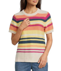 PENDLETON Ribbed Knit Textured Stripe Crew Neck Short Sleeve Top in pink ecru multi - women's t-shirt