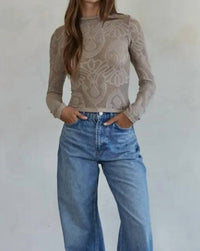 By Together - Women's Knit Seamless Jacquard Mock Neck Long Sleeve Top