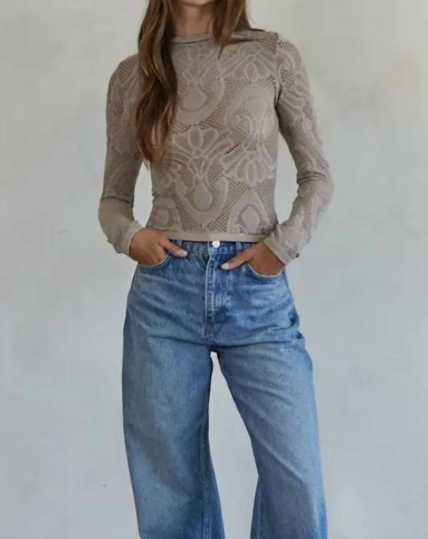 By Together - Women's Knit Seamless Jacquard Mock Neck Long Sleeve Top