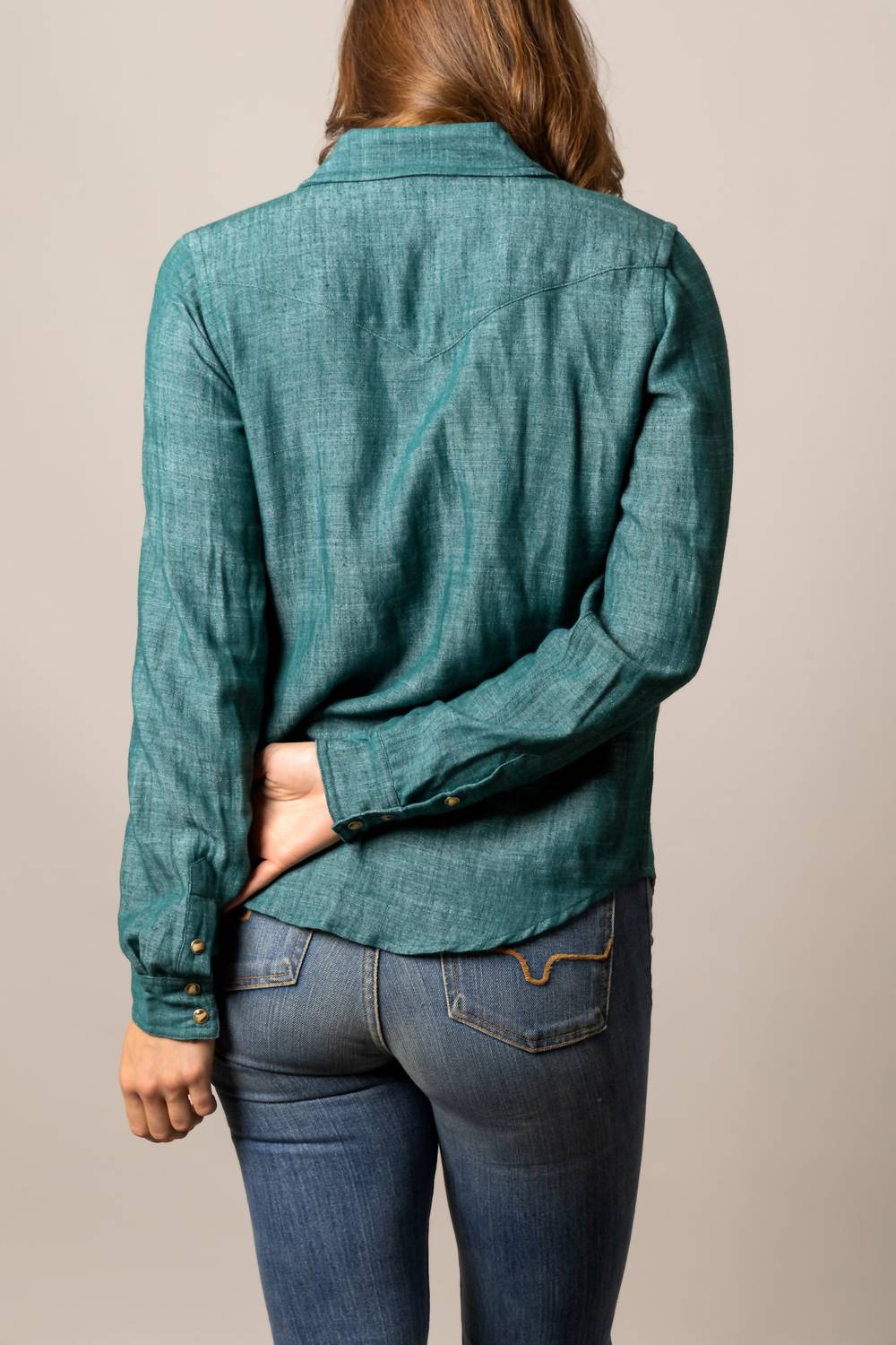 Kimes Ranch Lacy Button Down Shirt in dark teal - women's long sleeve top - alternate view