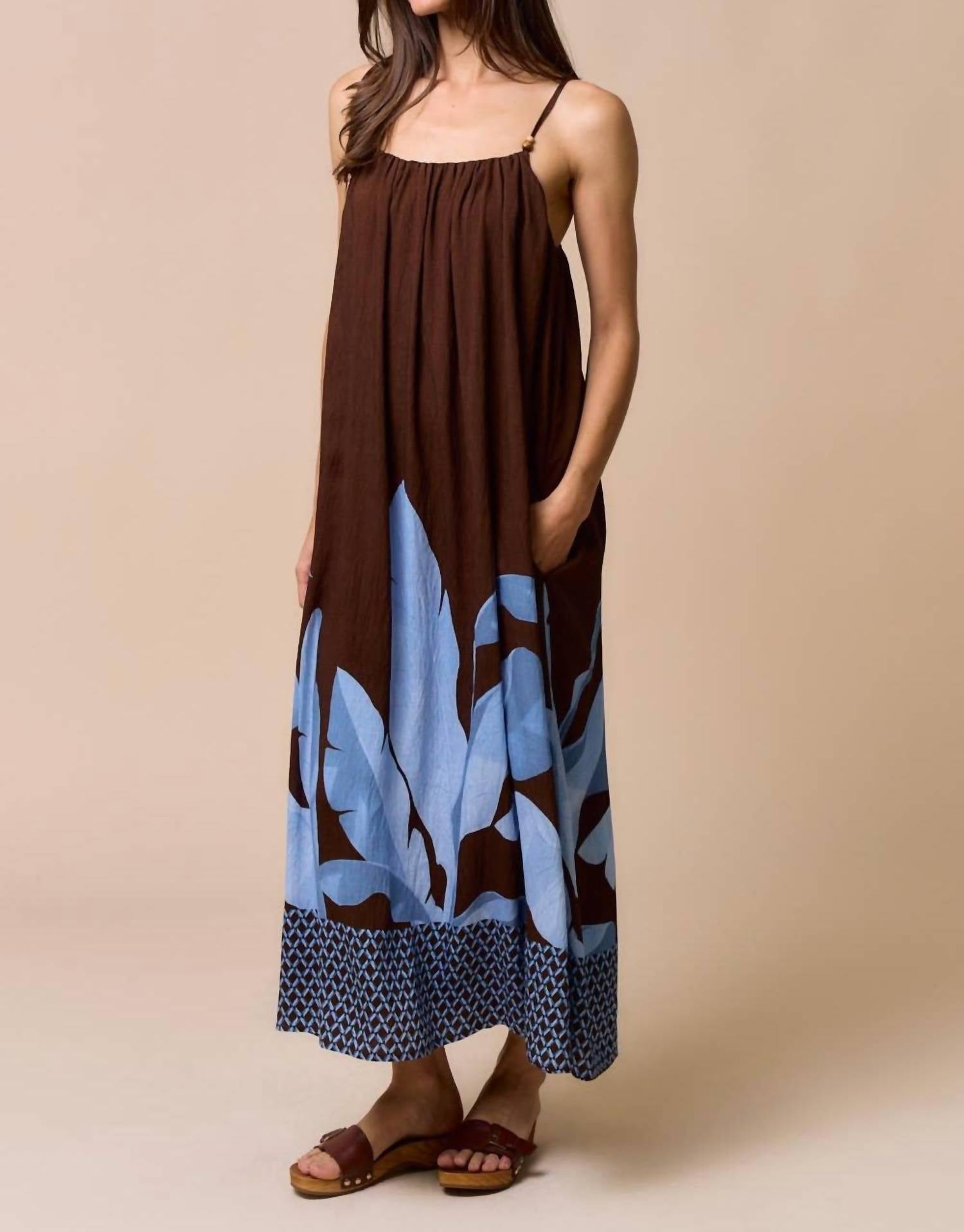 lalavon Strappy Leaf Print Maxi Dress in dark brown blue - women's dress - detail view