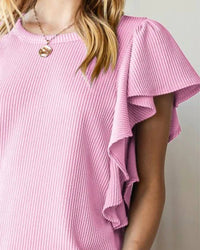 Heimish Usa - Ruffled Sleeve Solid Ribbed Top