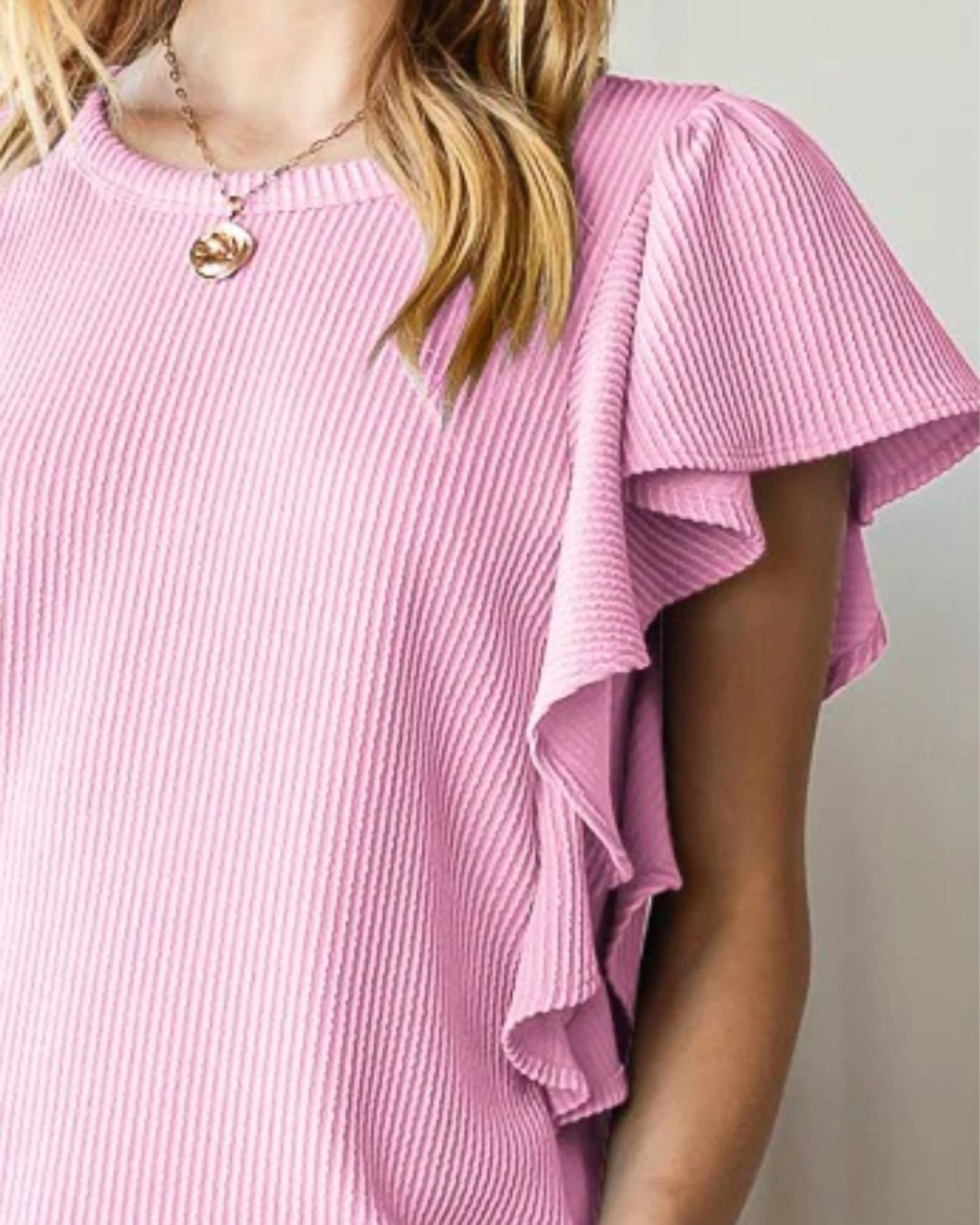 Heimish Usa - Ruffled Sleeve Solid Ribbed Top