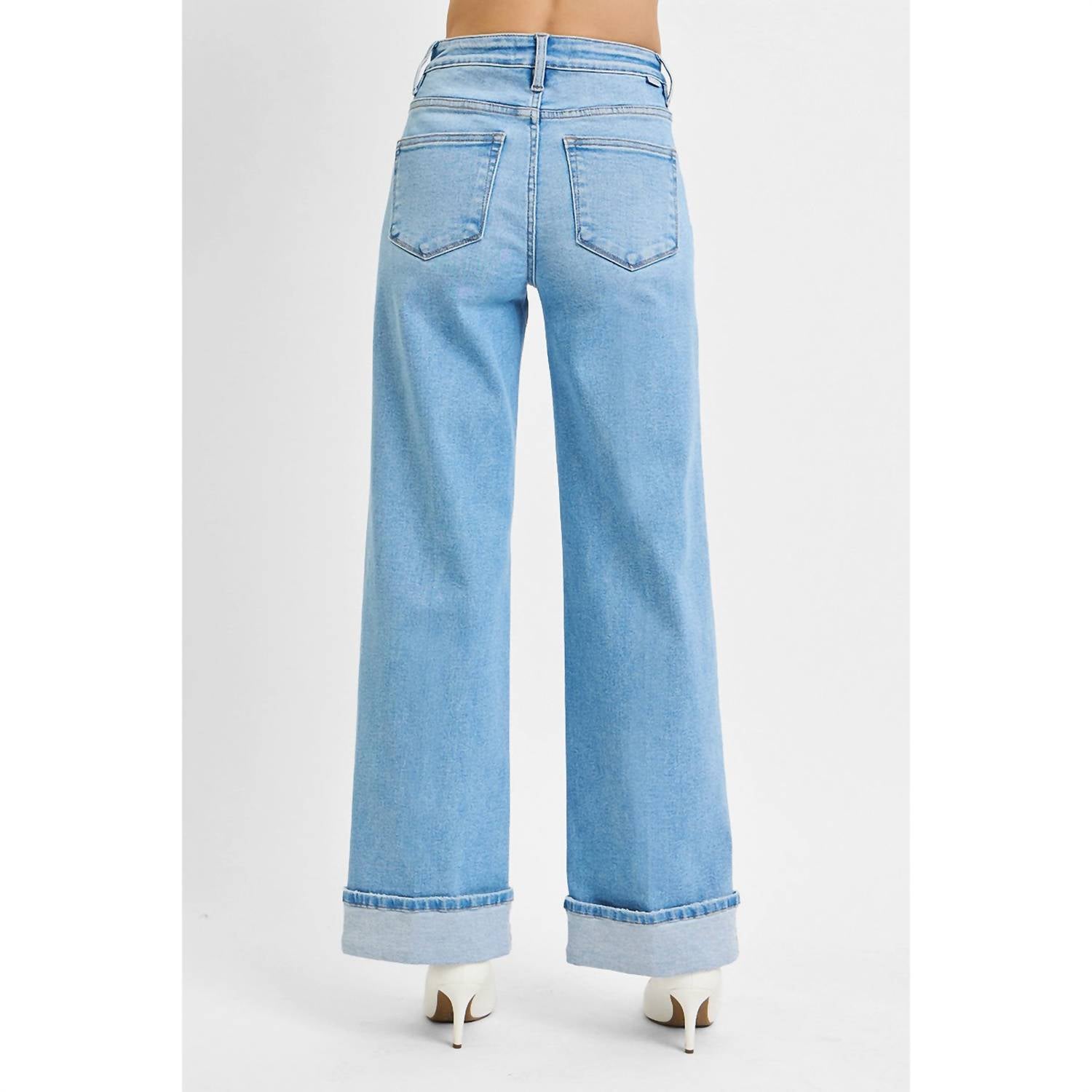 Risen - Tummy Control High Rise Long Inseam Wide Cuffed Jeans