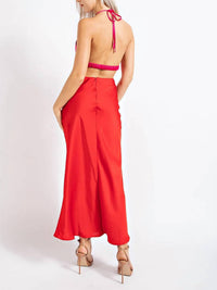 Edit By Nine - Color Block Satin Cutout Mock Neck Maxi Dress