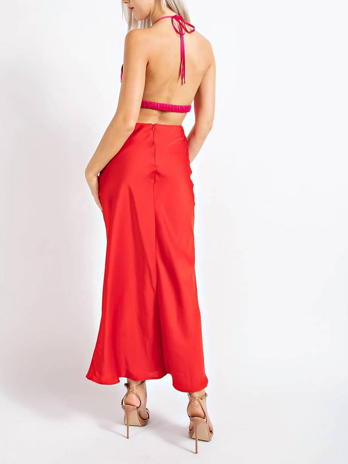 Edit By Nine - Color Block Satin Cutout Mock Neck Maxi Dress
