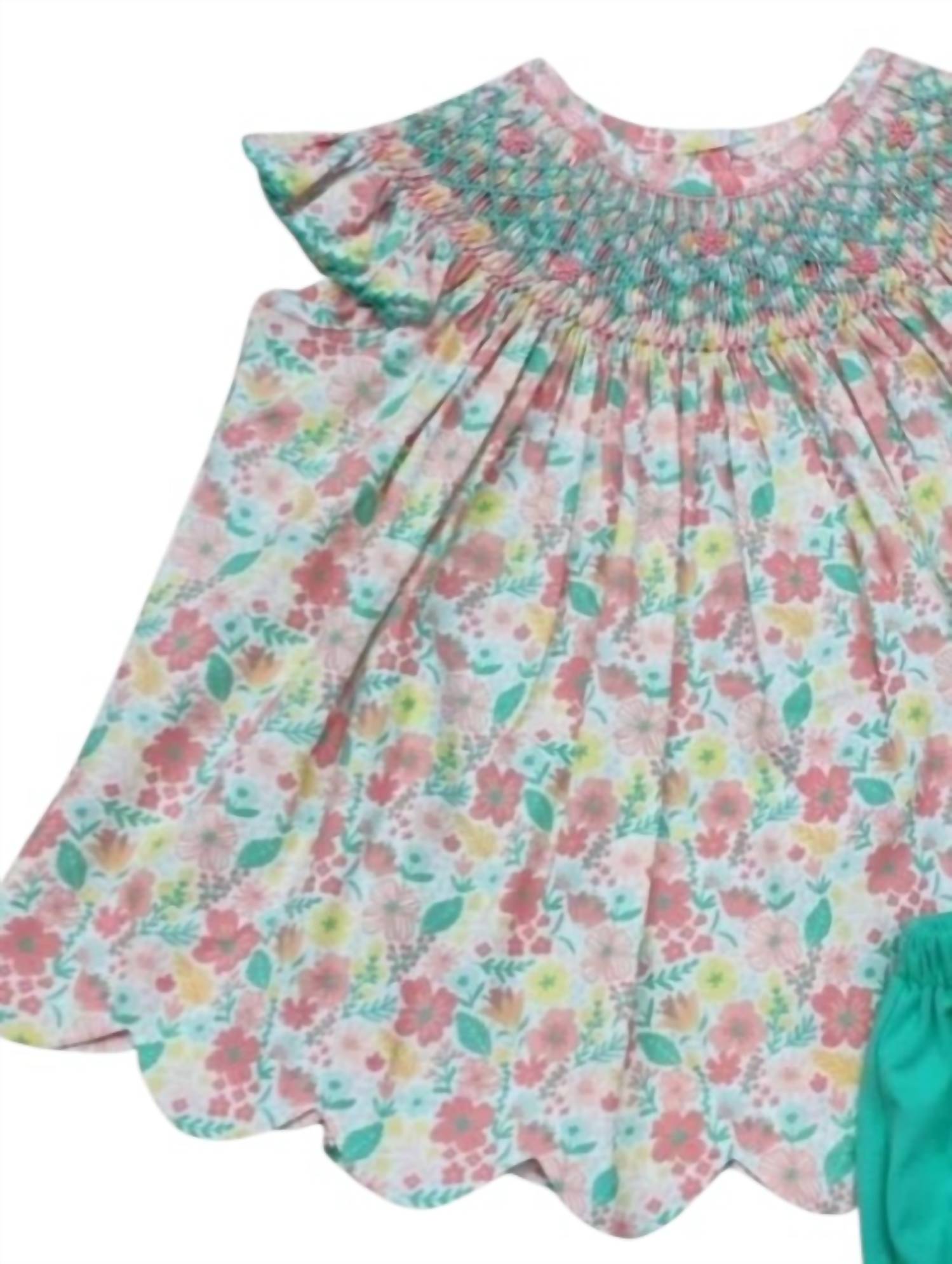 Whimsy Bay Kids Girl's Lady Lou Smocked Bloomer Set in green - item - detail view