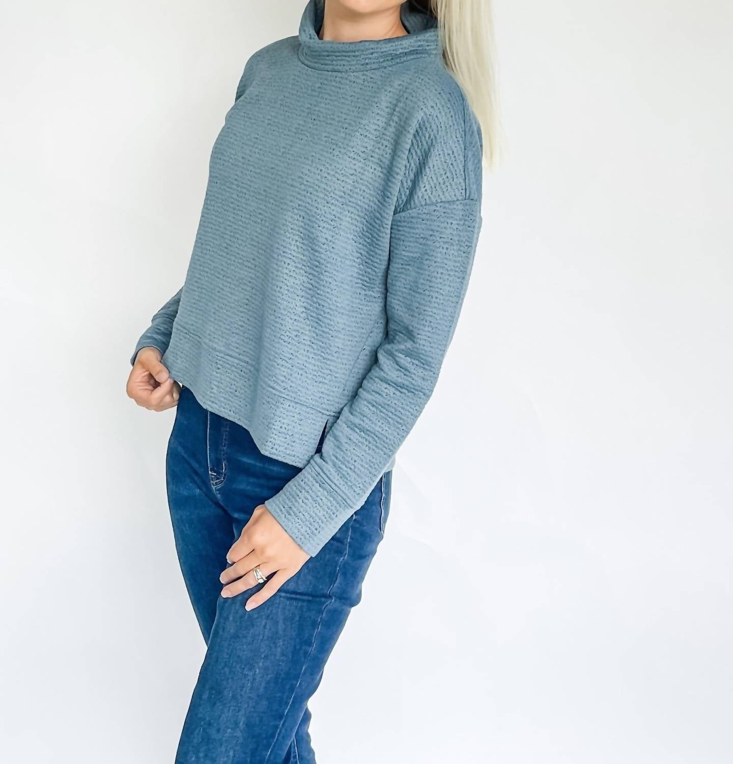 Tribal - Puckered Knit Drop Shoulder Funnel Neck Top