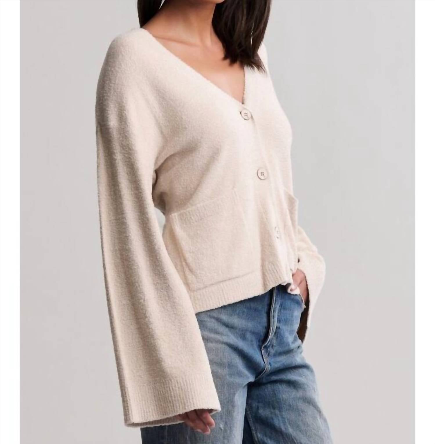 BAREFOOT DREAMS Cozychic Lite Wide Sleeve Button Front Cardigan in stone - women's cardigan - detail view