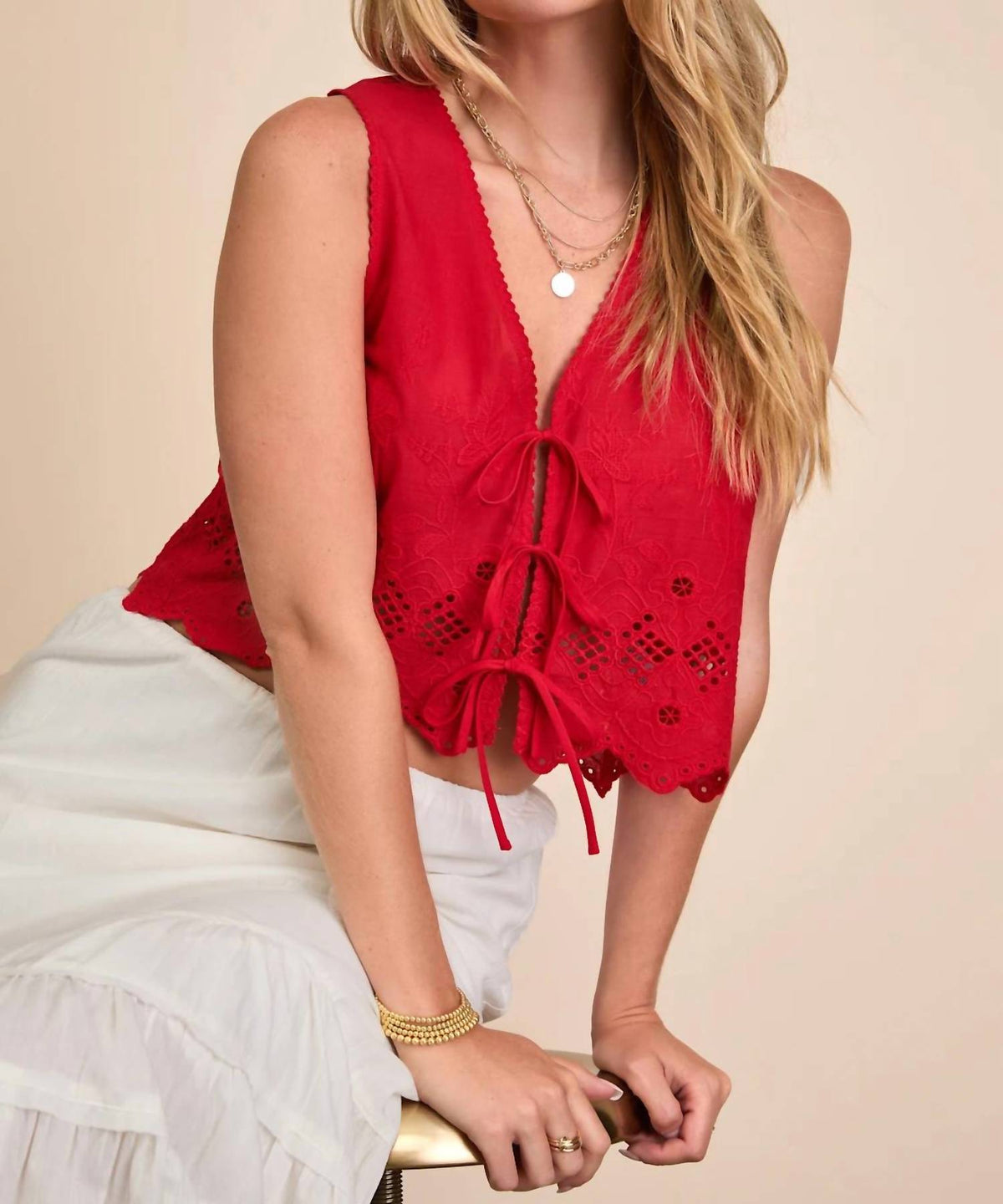 Jade By Jane - Eyelet Embroidered Tie-front Top