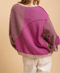 Blue Velvet Relaxed Fit Multi Media Fabric Mixed Knit Color Block Top in mulberry - women's sweater - alternate view