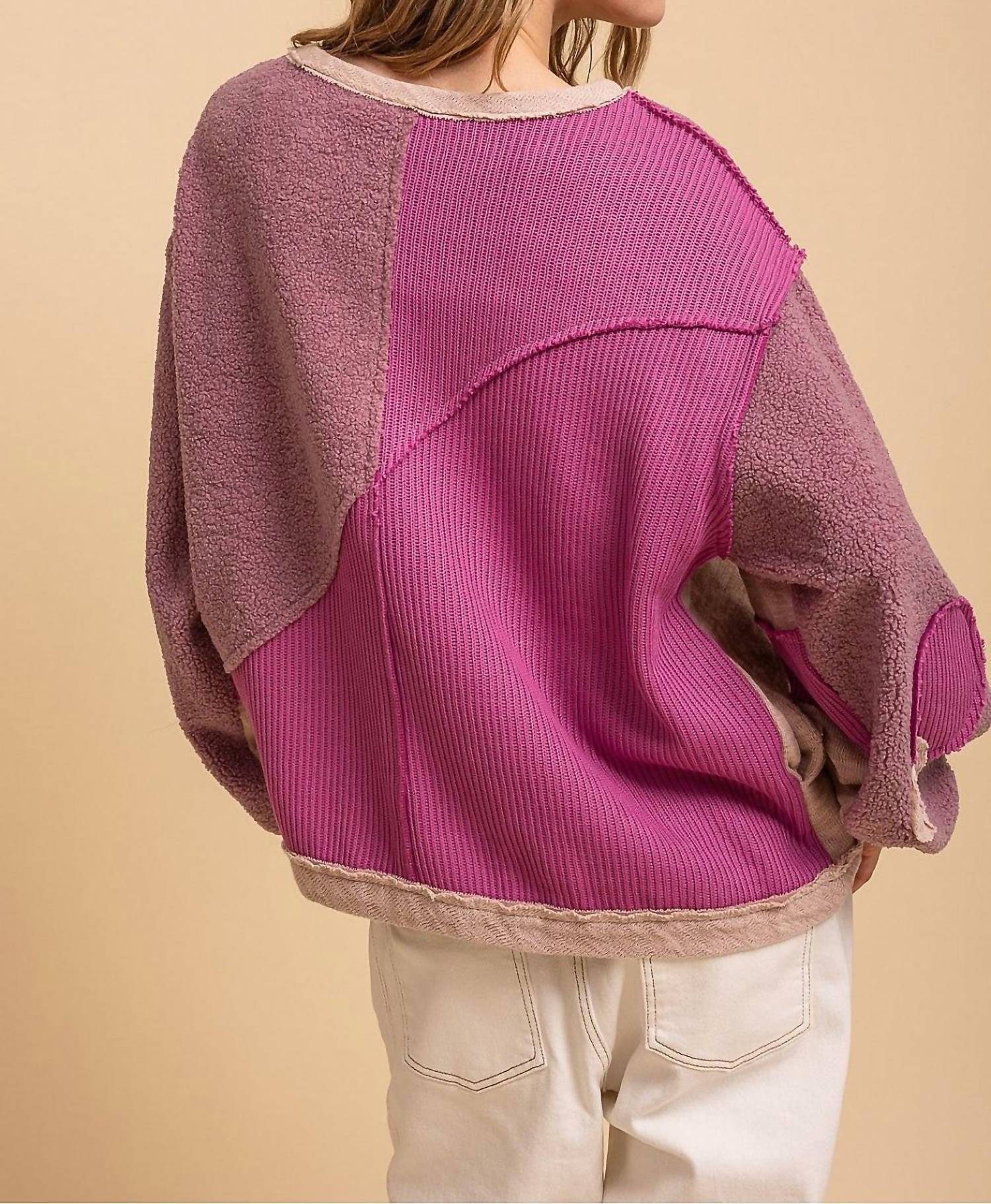 Blue Velvet Relaxed Fit Multi Media Fabric Mixed Knit Color Block Top in mulberry - women's sweater - alternate view