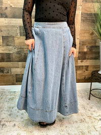In February - Washed Denim Favorite Flair Midi Skirt With Contrast Stitch