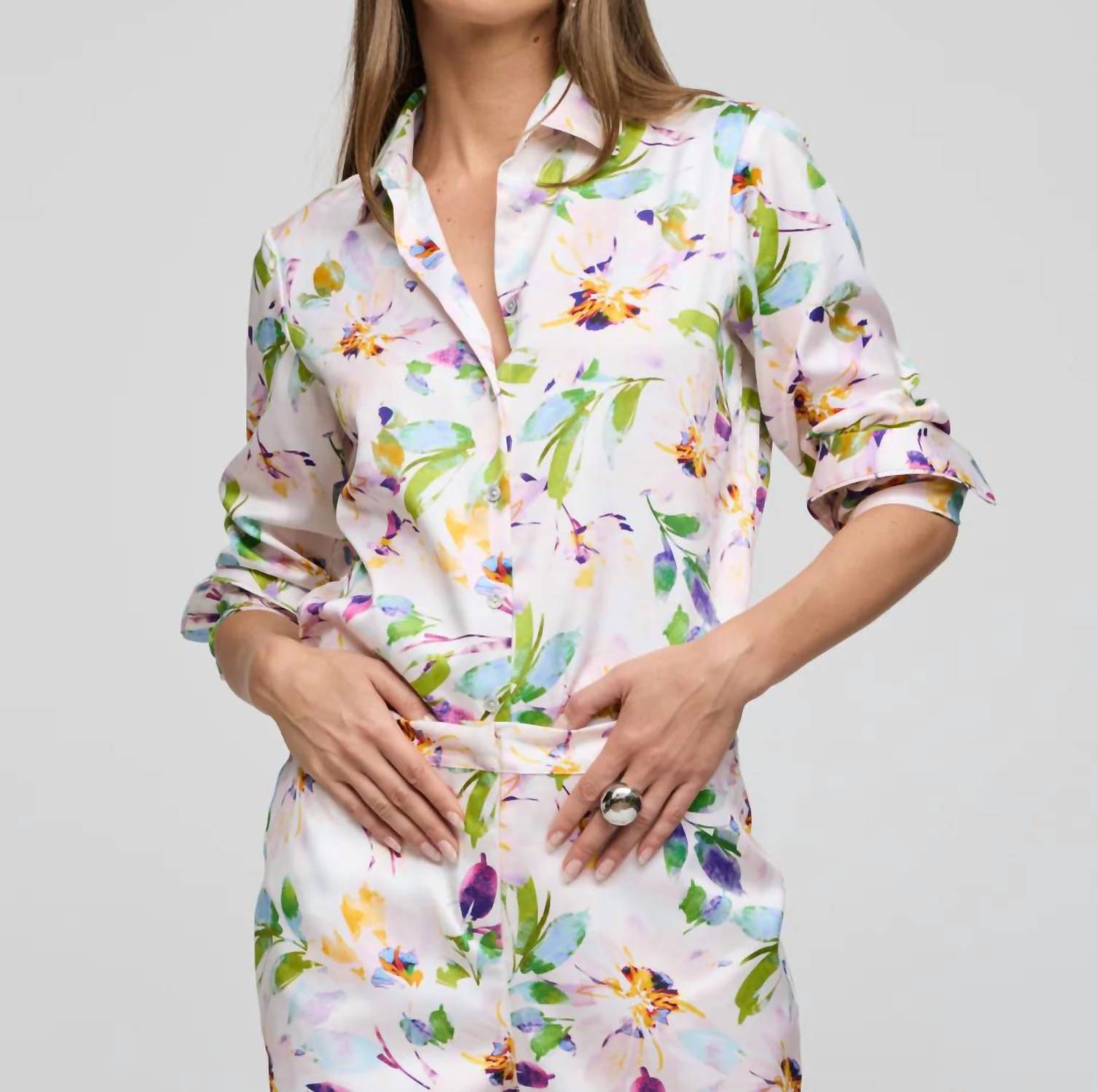 Hinson Wu Margot Long Sleeve Shirt Top in multi garden sateen - women's shirt - detail view