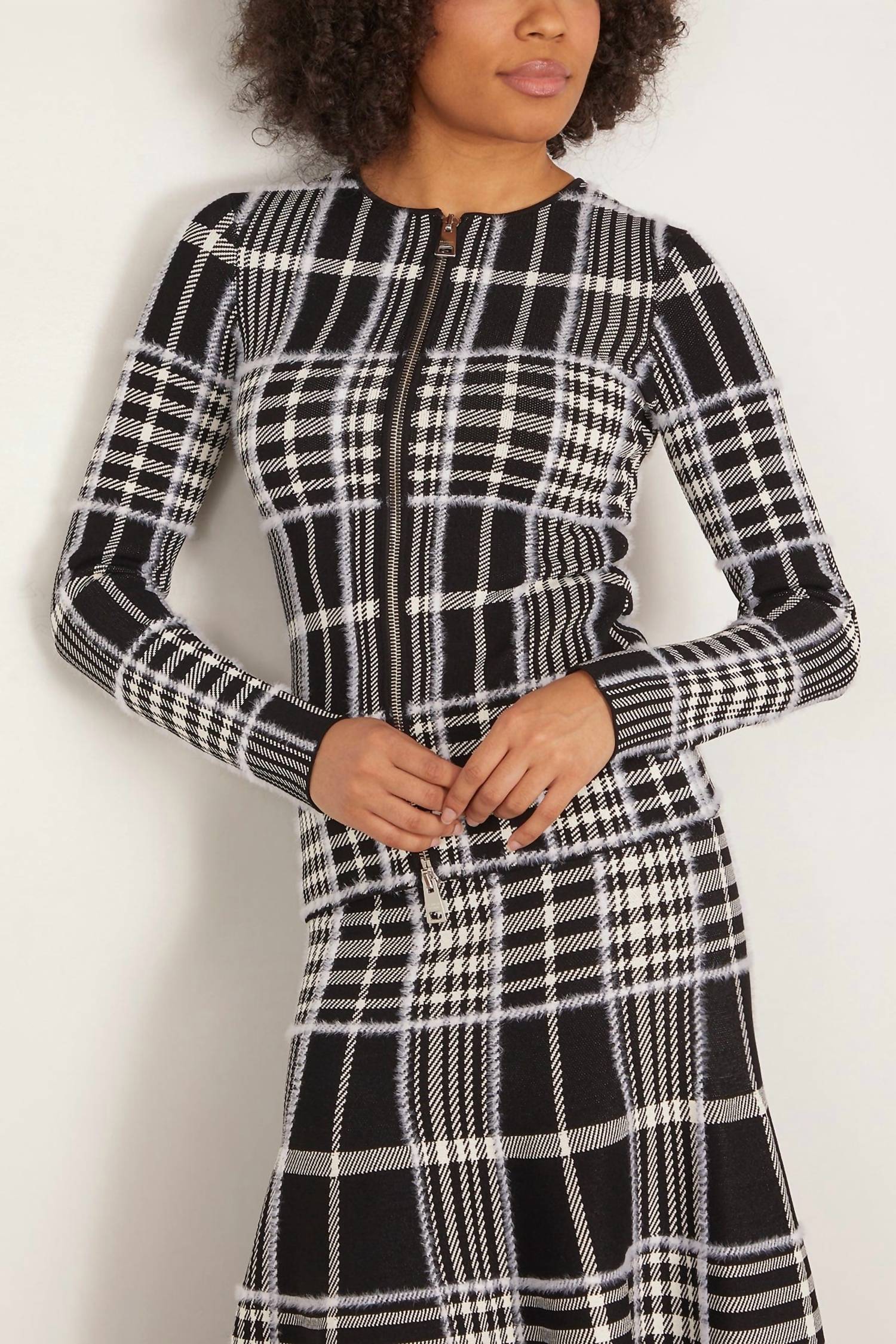 Brandon Maxwell Greer Zip Front Knit Cardigan in black plaid - women's cardigan