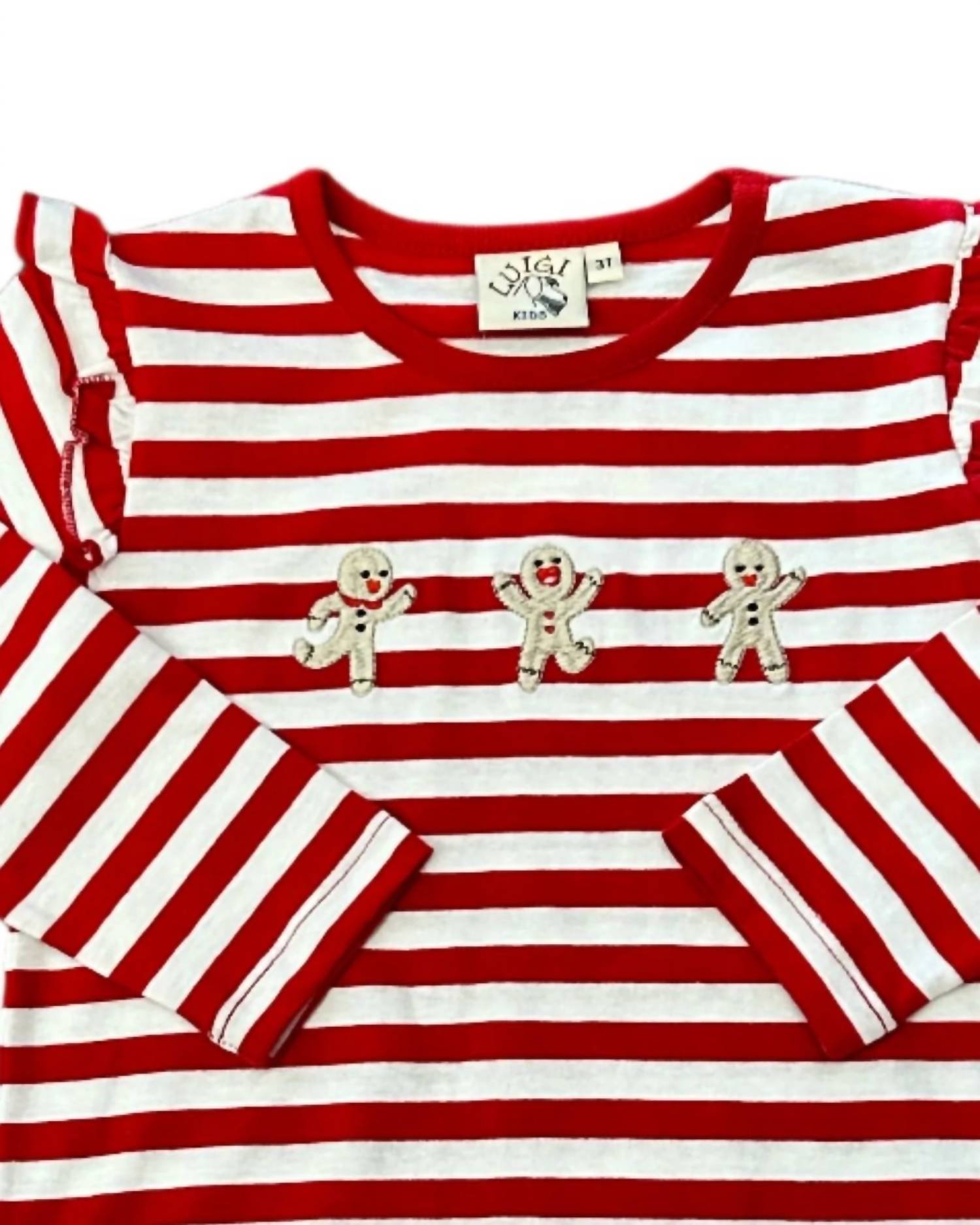Luigi Kids - Girl's Gingerbread Embroidered Ruffle Shoulder Tee