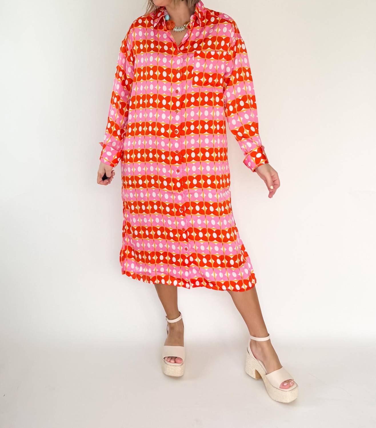 Karlie Retro Floral Midi Shirt Dress in pink orange - women's dress