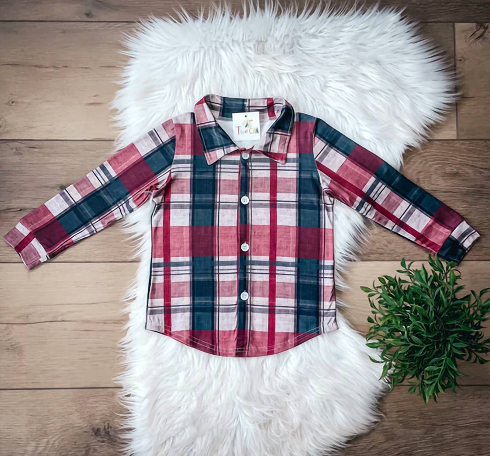 Twocan - Boys Christmas Plaid & Velvet Long Sleeve Button Up Tee