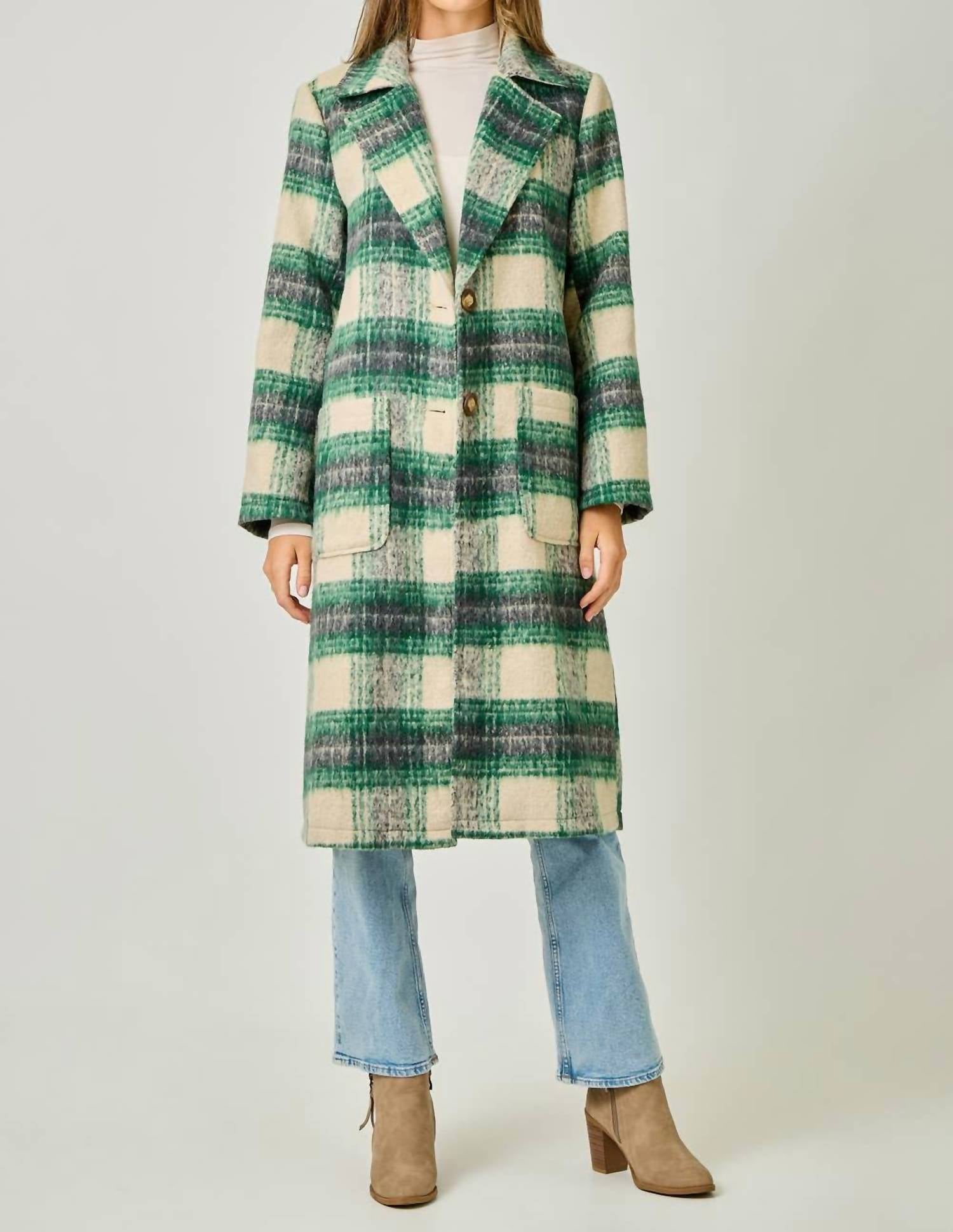 mystree Plaid Long Coat in ivory green - women's jacket