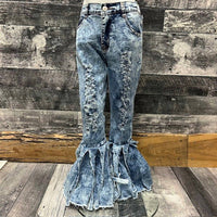 BRATTI MATI Girls Acid Washed Distressed Bell Bottom Jeans in vintage blue - kids' jeans