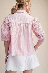 Glam - Puff Sleeve Contrast Detail Stripe Shirt Top
