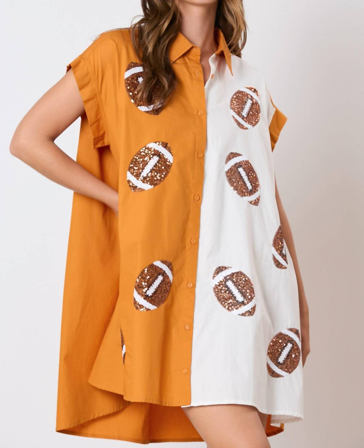 Peach Love Morgan Sequin Football Gameday Dress in orange white - women's dress