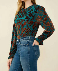 Hayden La - Paisley Burnout Velvet Ruffle Neck Top