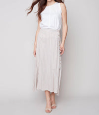 Charlie B - Printed Long Striped Linen Skirt With Coconut Buttons