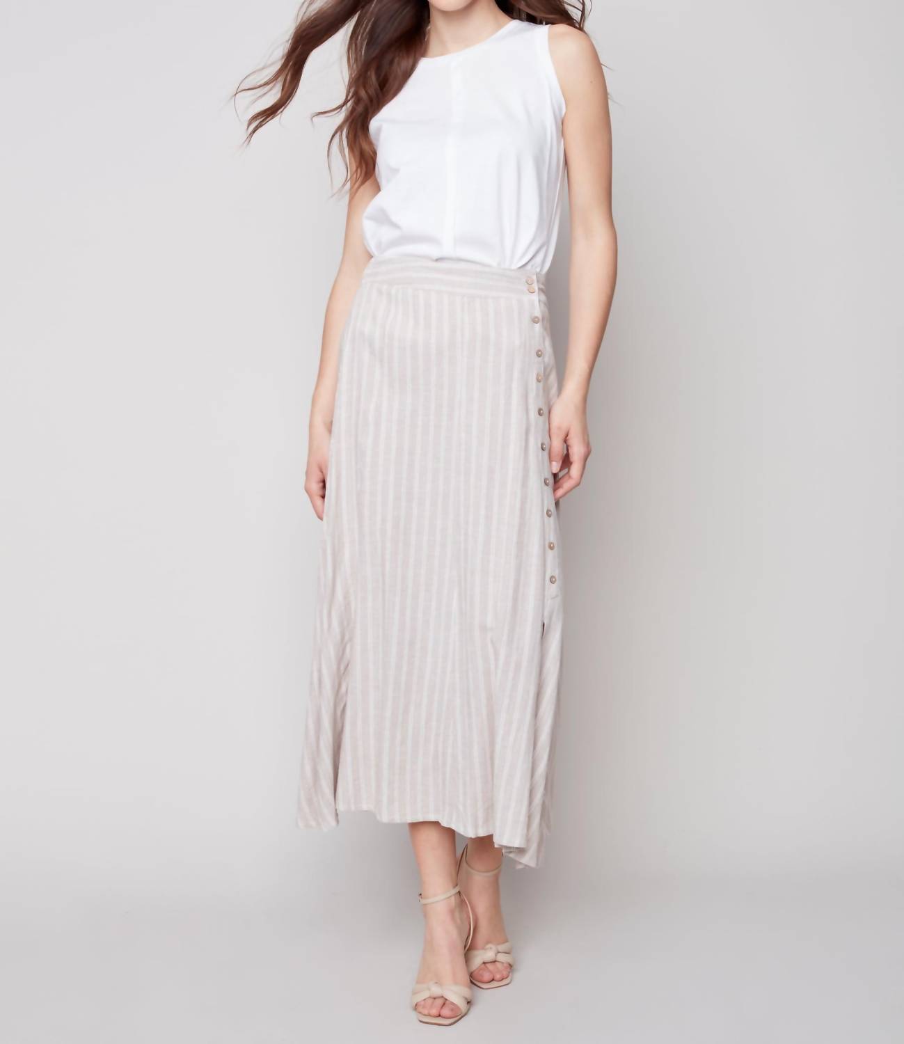 Charlie B - Printed Long Striped Linen Skirt With Coconut Buttons