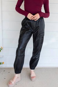Fate Drawstring Leather Cargo Joggers in black - women's pants