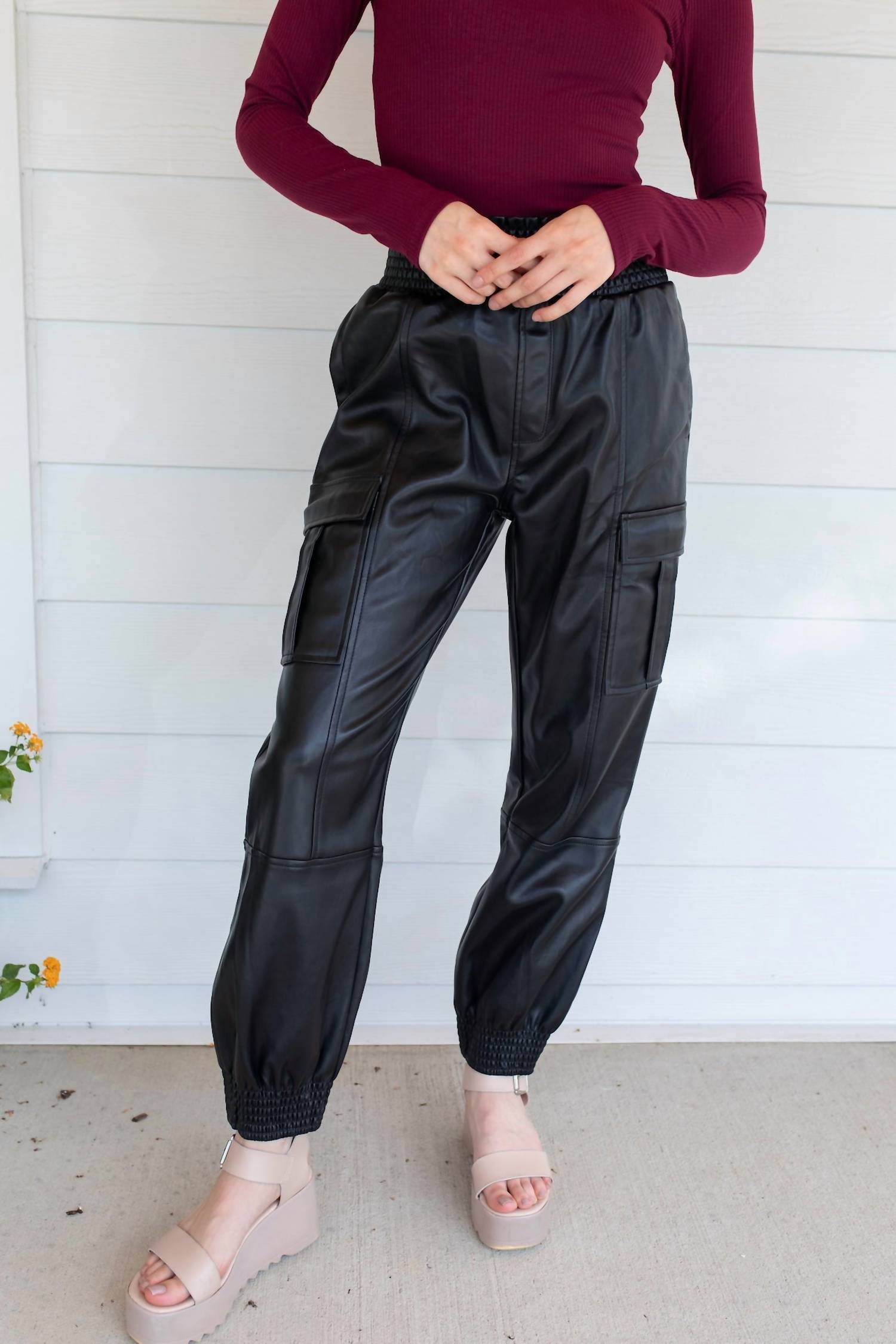 Fate Drawstring Leather Cargo Joggers in black - women's pants