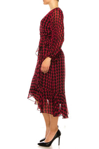 Maison Tara - Faux Wrap Houndstooth Print Midi Dress