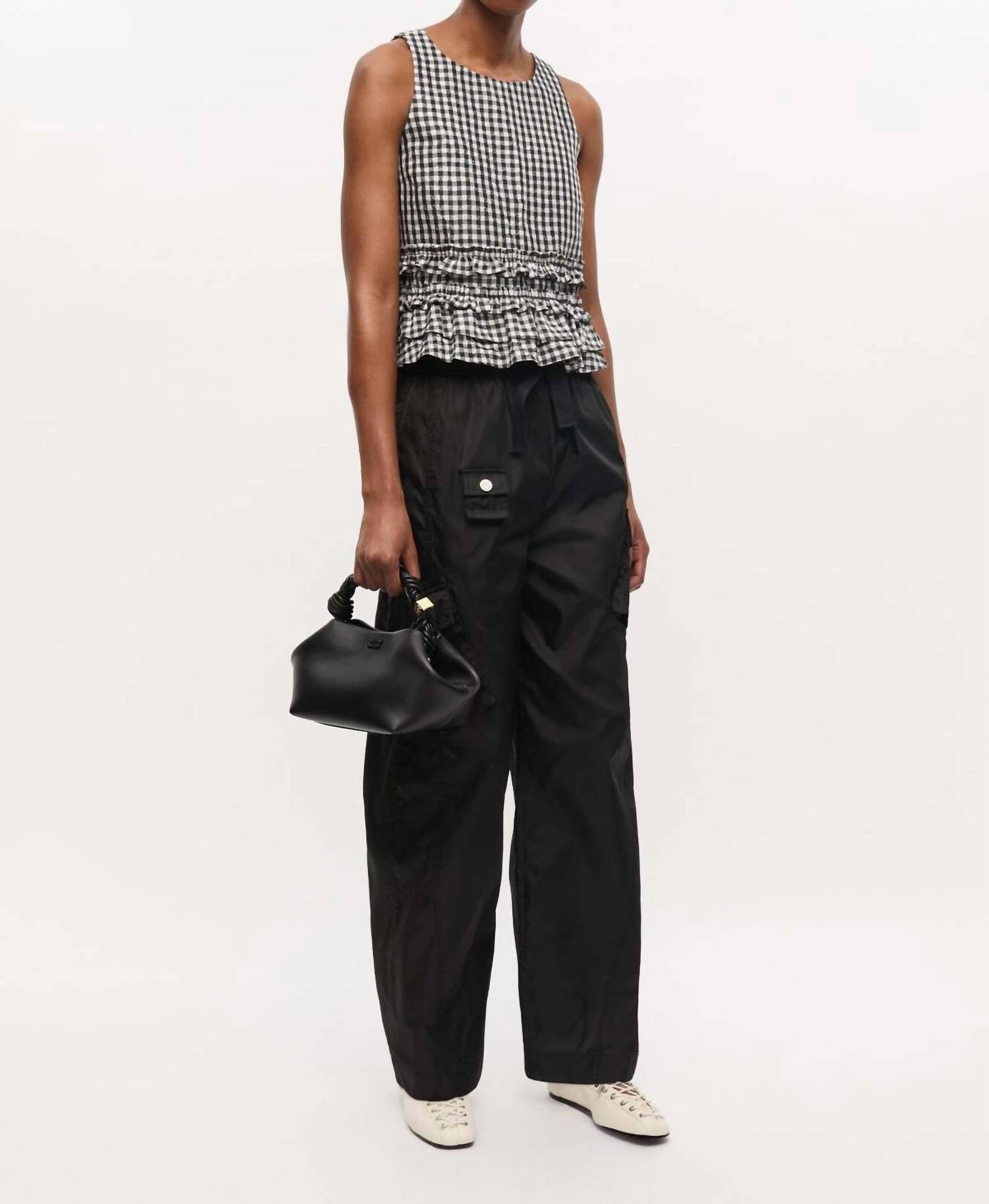 Ganni - Crinkled Taffeta Check Open Back Frilled Top