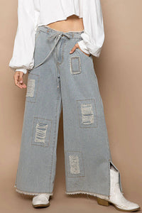 Pol - Wide Distressed Striped Denim Pants "Waist Strap"