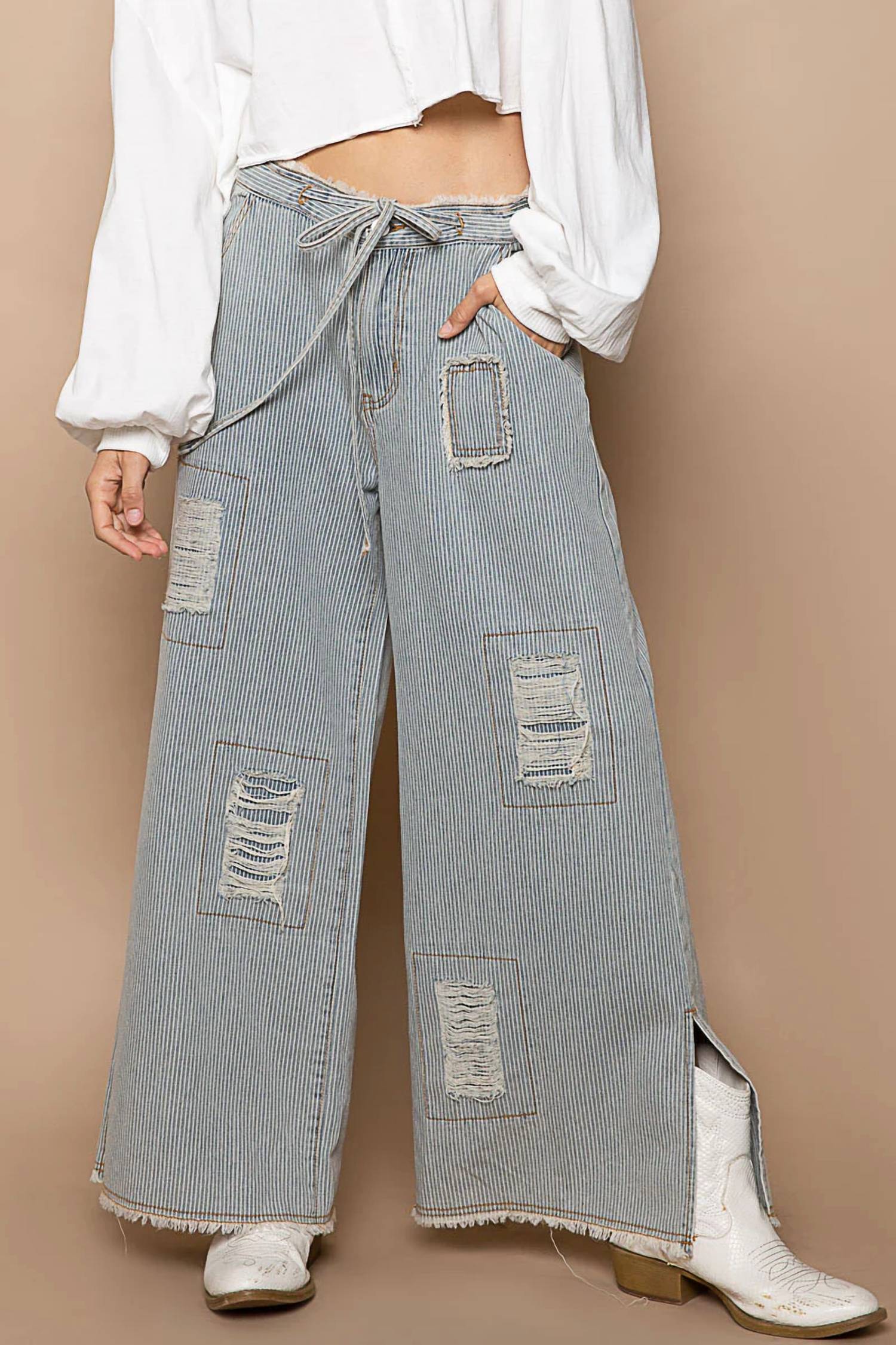 Pol - Wide Distressed Striped Denim Pants "Waist Strap"