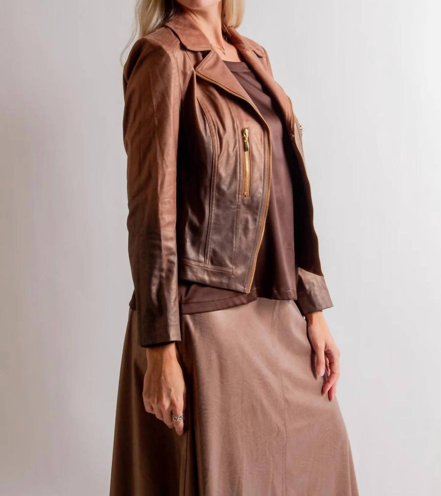 Insight Shades Vegan Leather Moto Jacket in brown - women's jacket - detail view