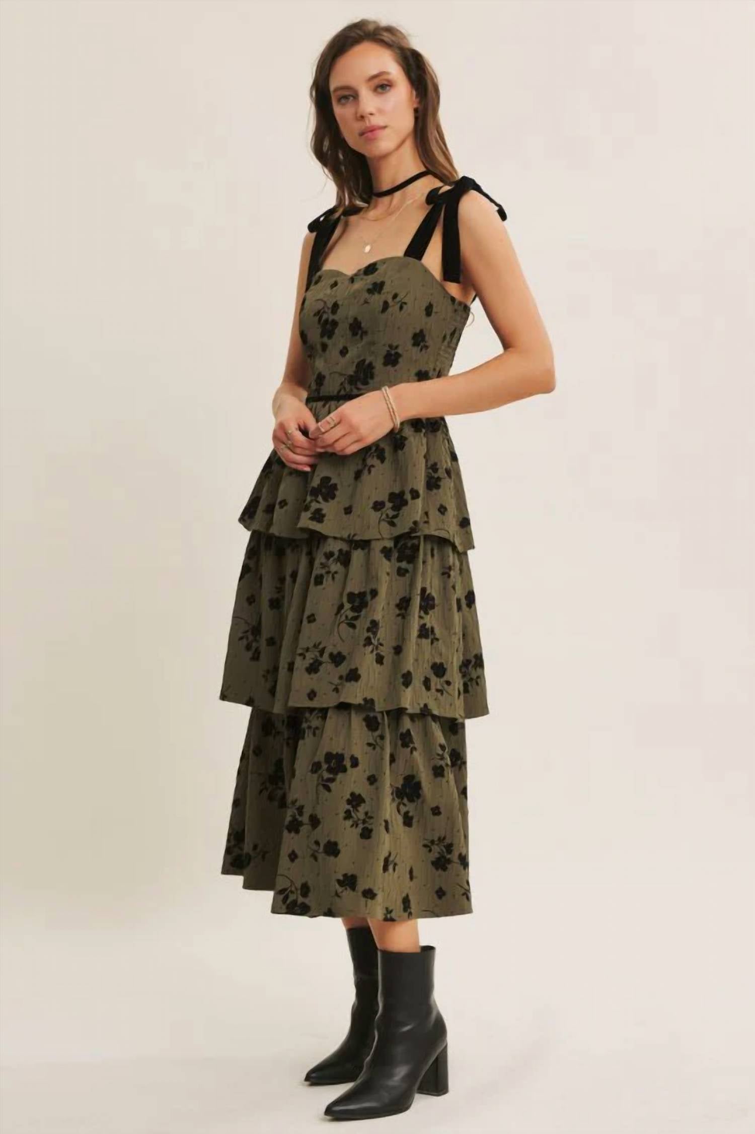 In February - Velvet Flower Tiered Midi Dress