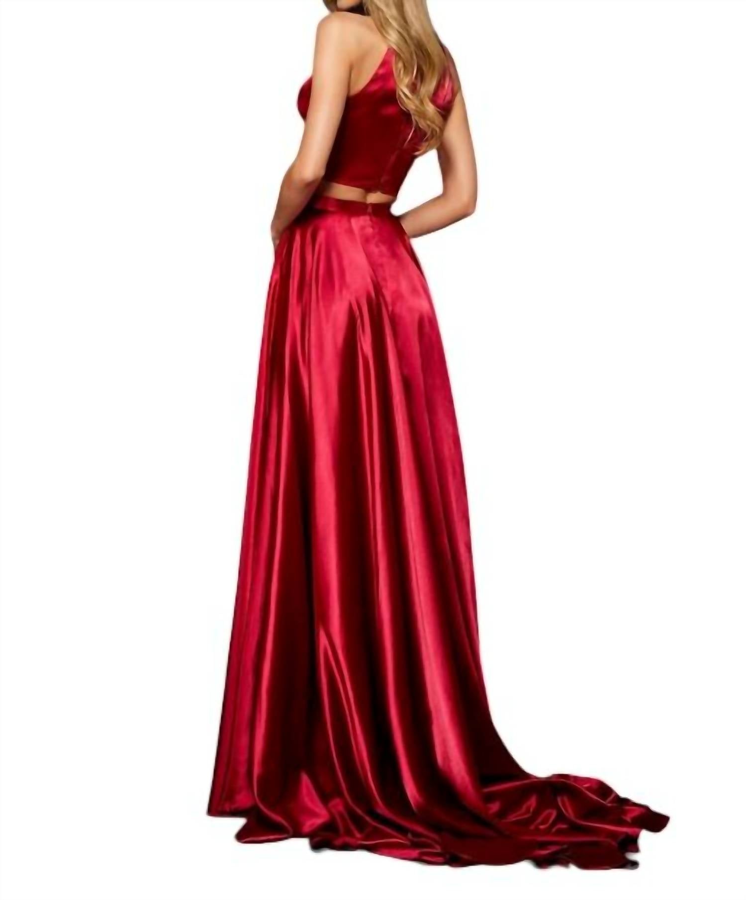 Sherri Hill Silk Charmeuse Two-piece With High Neck Bodice And Slit Skirt in red - women's skirt - detail view