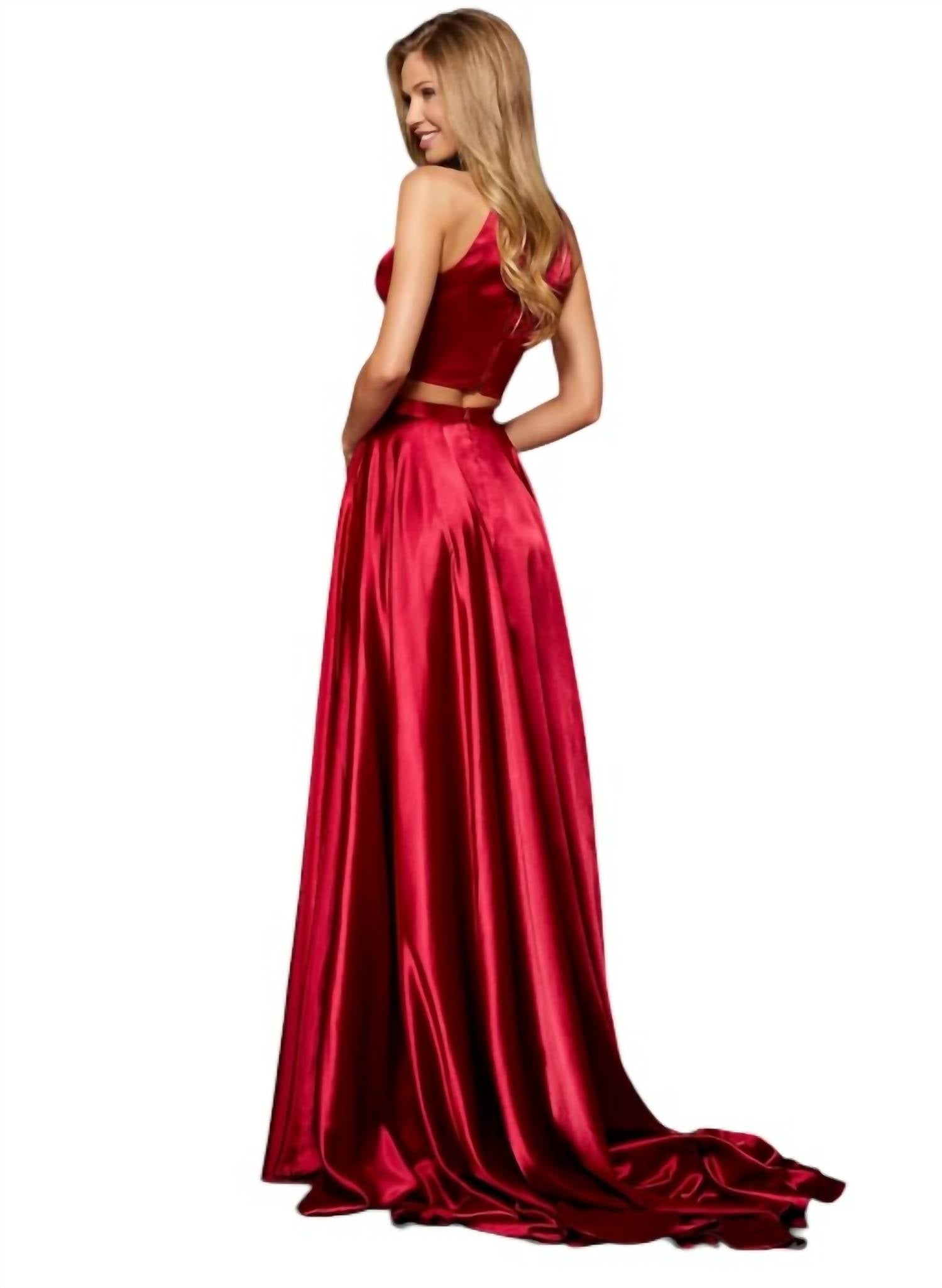 Sherri Hill Silk Charmeuse Two-piece With High Neck Bodice And Slit Skirt in red - women's skirt - alternate view